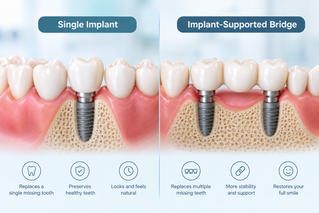 Single Implant vs Implant-Supported Bridge